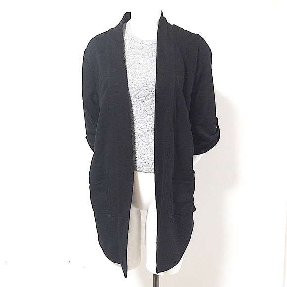 Black 3/4th Sleeve Hi-low Sweater Blazer w/Pockets - Picture 2 of 12